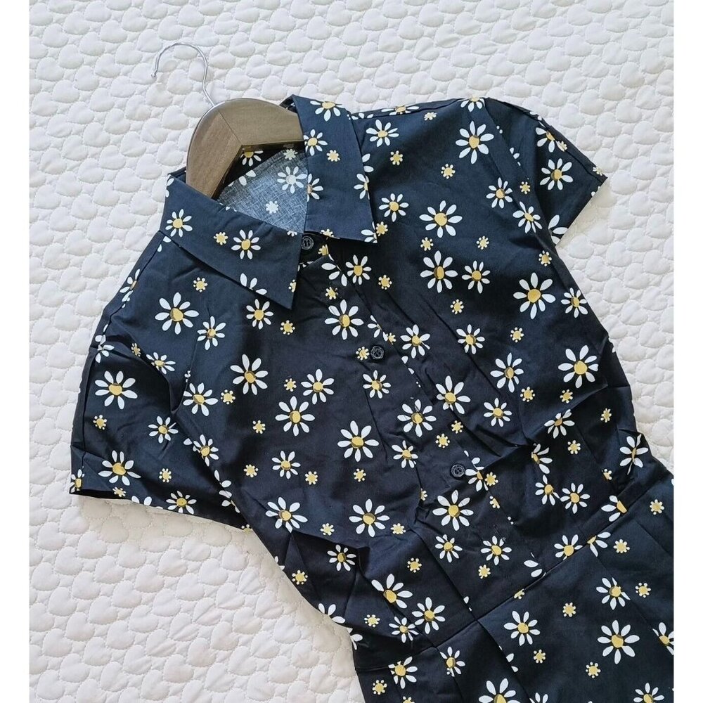 NWOT Daisy Print Dress Size 6 Floral Print Short Sleeve Mini Dress Black - Picture 3 of 7